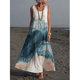 Femmes Robe maxi Robe Décontractée Robe Nuisette Mode Basique Moderne Quotidien Extérieur Plage Coupe régulière Marbre Sans manches Col ras du cou Bleu Été Pri