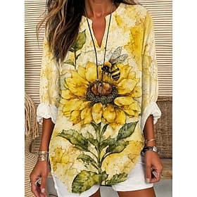 Women's Shirt Boho Shirt Blouse Print Floral Graphic Vintage Daily Stylish Long Sleeve V Neck Long Tops Casual Daily Holiday Black Green Beige Summer Spring