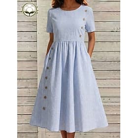 Mujer Vestido Midi Vestido informal Vestido a rayas Vestido de una línea Elegante Moda Diario Vacaciones Ajuste regular A Rayas Manga Corta Cuello Barco Azul P
