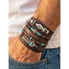 Ensemble de 6 bracelets bohèmes pour homme, longueur ajustable, alliage, coquille de noix de coco Matière mixte bois-matière, idéale pour les vacances à la pla