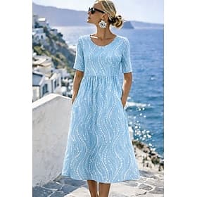 Women's Midi Dress Shift Dress Vacation Casual Regular Fit Graphic Polka Dot Short Sleeve Crew Neck Blue Pink Purple Green Summer Spring