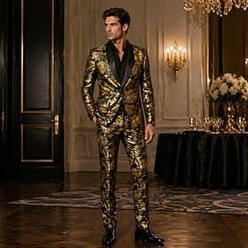 Set Retro Vintage 1980s Pants Outerwear Long Sleeves Gentleman Jacquard Floral Fancy Dress Men's Masquerade Party Cocktail Party Adults' Coat Pants