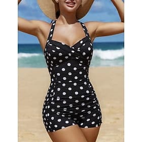 Women's Swimwear One Piece Monokini Swimsuit Tummy Control High Waist Slim Backless Vacation Vintage Polka Dot Halter Neck Sleeveless Bathing Suits