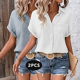 Paquetes múltiples 2 piezas Mujer Cuello Camisero Manga Corta Negro / Blanco Camisa Blusa Pantalón corto Bolsillo Botones Plano Casual Diario Algodón Verano