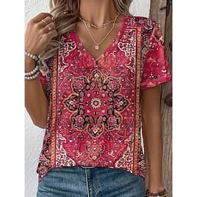 Women's T Shirt Print Graphic Tribal Stylish Classic Casual Short Sleeve V Neck Regular Tops Casual Daily Red Purple Green Summer Spring
