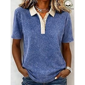 T-shirt Henley Softfade™ pour femme, patchwork, style vintage, manches courtes, coupe classique, décontracté, idéal pour la plage, bleu, violet, vert, gris, pr
