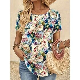 Mardi Gras Femmes T-shirt Imprimé Fleuri Graphique Plantes Élégant Classique Occasionnel Manche Courte Col ras du cou Hauts Longs Quotidien Bleu Beige clair Bl