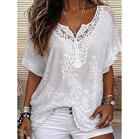 Women's Blouse Lace Solid Color Stylish Casual Short Sleeve V Neck Regular Tops Daily Blue Black White Orange Grey Summer Spring Fall