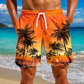 Herren Kokospalme Sonnenuntergang Tropische Pflanzen Badehosen Badeanzüge Badeshorts Boardshorts Mittlere Taille Hawaiianisch Strandurlaub Seitentaschen Netzfu