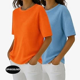 Multi Packs 2pcs Women's Waffle T-shirt Tee Waffle Knit Tops Solid Color Stylish Basic Classic Short Sleeve Crew Neck Round Neck Regular Tops Casual Daily Beac