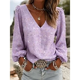 Women's Shirt Boho Shirt Floral Graphic Elegant Bohemia Vacation Long Sleeve V Neck Regular Tops Casual Daily Holiday Blue Pink Purple Green Summer Spring