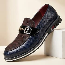 Men's Navy Brown Woven Loafers Slip-On Metal Bit Business Casual Dress Shoes for Office, Weddings, Banquets, Parties, Travel and Smart Gentleman Style