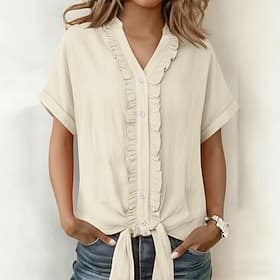 Women's Shirt Cotton Linen Shirt Blouse Buttons Plain Stylish Classic Modern Short Sleeve V Neck Regular Tops Daily Holiday Going out Blue Black White Army Gre
