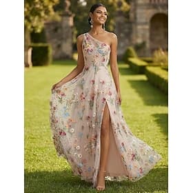 A-Linie Bodenlang Abendkleid Festliche Kleidung Elegant Blumen Ärmellos Ein-Schulter Gartenparty Hochzeit Satin Tüll mit Gestickte Blume Falten Schlitz