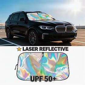 Laser Reflective Car Windshield Sun Shade, UPF 50 Holographic Sunshade for Front Window Blocks UV Rays Heat, Universal Fit for Most Cars SUVs Trucks, Foldable