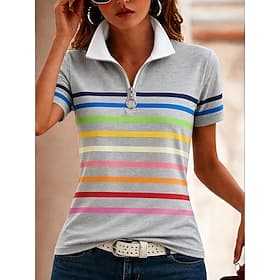 Women's T Shirt Zipper Quarter Zip Striped Graphic Color Block Striped Vintage Tropical Hawaiian Short Sleeve High Neck Regular Tops Beach Wedding Casual Daily
