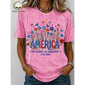 Amerikanischer Unabhängigkeitstag Damen 100% Baumwolle Hemd Druck Grafik Flagge Stilvoll Basic Klassisch Kurzarm Rundhals Normale Tops Lässig Täglich Blau Rosa