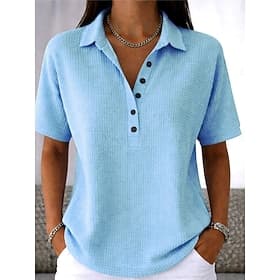 Women's Waffle Tunic Buttons Solid Color Plain Vintage Stylish Classic Short Sleeve Turndown Regular Tops Daily White Pink Light Blue Summer Spring