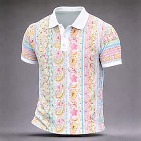 Men's Paisley Polo Shirts Short Sleeve Polo Shirts Collared Shirts Casual Athleisure Outdoor clothing Daily Wear 3D Print Buttons Spring Summer Blue Purple Gr