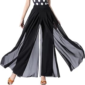 Pantaloni da ballo latino-americano neri da donna - pantaloni palazzo a strati in chiffon con spacco per rumba e salsa valzer