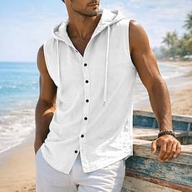 Men's Shirt Linen Shirt Beach Wear Button Up Shirt Plain Casual Daily Black White Yellow Navy Blue Sleeveless Hooded Summer Spring Clothing Apparel Plain
