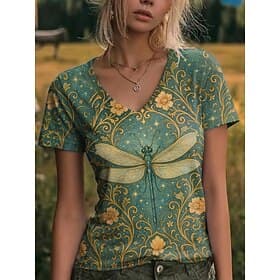 Women's T Shirt Print Graphic Color Gradient Abstract Vintage Stylish Casual Short Sleeve V Neck Regular Tops Casual Daily Yellow Green Summer Spring