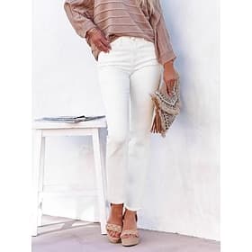 Women's Straight-Leg Trousers Vacation Basic Ankle-Length Mid Waist Comfort High Elasticity Daily White Summer Spring Regular Fit