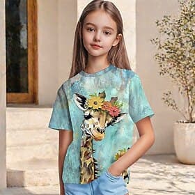 Girls' 3D Graphic Animal Giraffe T shirt Tee Short Sleeve 3D Print Spring Active Cute Kids 5-12 Years Casual Daily School Regular Fit