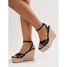 Espadrilles compensées noires à brides pour femmes - sandales à plateforme confortables en jute pour les vacances à la plage et les fêtes d'été en plein air te