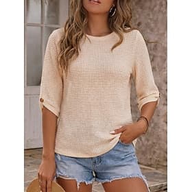 Women's Waffle T-shirt Tee Top Solid Color Elegant Vintage Stylish Half Sleeve Crew Neck Regular Tops Casual Going out Black Apricot Summer Spring