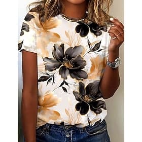 Women's T Shirt Print Floral Graphic Plants Bohemia Hawaiian Stylish Short Sleeve Crew Neck Regular Tops Daily Blue Yellow Orange Green Summer Spring
