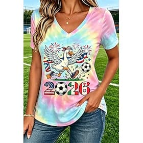 Women's T Shirt Print Graphic Animal Soccer Team Stylish Classic Casual Short Sleeve V Neck Regular Tops Casual Daily Blue Pink Red Orange Summer Spring