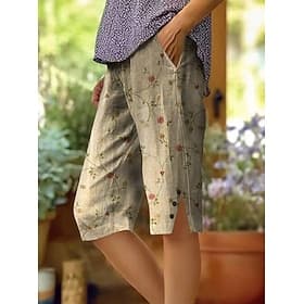 Femmes Bermuda Short en coton et lin Vacances ancien style grand-mère côtier Longueur Genou Taille Moyenne Fleuri Graphique Imprimé Confort Confortable Respira