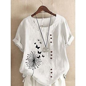 Women's Linen-feel Shirts Blouse Buttons Print Floral Graphic Vintage Tropical Stylish Short Sleeve Long Tops Casual Holiday Blue Grass Green White Purple Gree