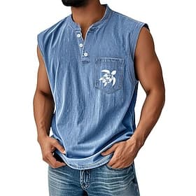 Chemise sans manches SoftFade™ pour homme en 100 % coton lavée à l'acide avec col Henley été turtle casual teint vêtement vintage délavé casual quotidien stree