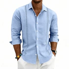 Men's Shirt Linen Shirt Summer Shirt Beach Shirt Plain Casual Vacation Black White Navy Blue Khaki Long Sleeve Turndown Summer Spring Clothing Apparel Patchwor