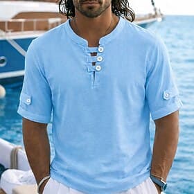 Homme Chemise en lin Polo Occasionnel Vacances Sans Col Manche Courte Vacances Moderne Uni Bloc de Couleur Boutons Été Printemps Bleu Blanche Jaune Chemise en