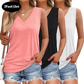 Paquets multiples 3 pièces Femmes Col ras du cou Sans manches Noir Rose Blanc T-shirt Débardeur T-shirt sans manches Couleur Unie Occasionnel Quotidien Coton