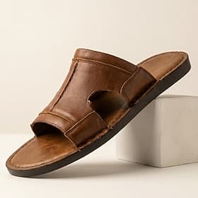 Men's Brown Faux Leather Open-Toe Slide Sandals Comfortable Summer Casual Beach and Daily Wear Shoes