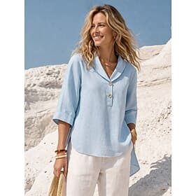 Per donna Camicie effetto lino Blusa Camicia di cotone Bottoni Tinta unica Elegante Essenziale Casual Manica 3/4 Colletto a Camicia Top Regolari Quotidiano Blu