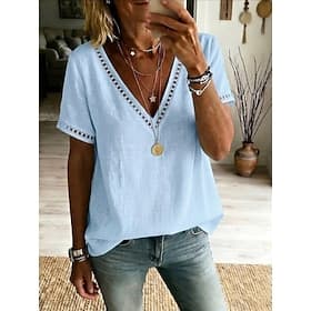 Femmes T-shirt Trou Uni Mode Élégant Classique Manche Courte Col en V Hauts Réguliers Quotidien Sortir Week-end Bleu Rose Claire Vert Abricot Été Printemps