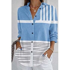 Women's Shirt Waffle Shirt Casual Shirt Buttons Graphic Vacation Vintage Fashion Long Sleeve Regular Tops Daily Outdoor Streetwear White and Blue White and Pin