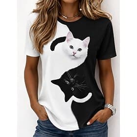 Women's T Shirt Print Graphic Animal Cat Vintage Stylish Classic Short Sleeve Crew Neck Round Neck Regular Tops Casual Daily Weekend Black and White White Apri