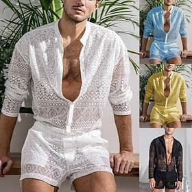 Men's 2 Piece Shirt Set Summer Set And Shorts Set Plain Casual Daily Beach Collar Collarless Long Sleeve Summer Spring Fashion Casual Comfortable Clothing Appa