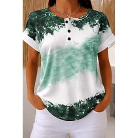 Women's Waffle T-shirt Textured Knit Tops T Shirt Color Block Print Button Front Graphic Geometric Abstract Vintage Stylish Classic Short Sleeve Crew Neck Henl