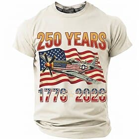 250th Anniversary July 4th 2026 Men's 250 Years 1776-2026 P-51 Mustang Fighter Plane Graphic T Shirt Short Sleeve Crew Neck Patriotic USA Flag Aviation Veteran