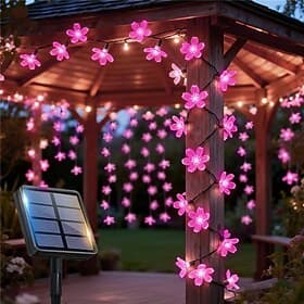 Solarbetriebene, transparente Kirschblütenlichterkette, 5 m, 20 LEDs, rosa, für Gartenbeleuchtung, Innenhöfe, Gärten, Balkone, Terrassen, Büsche, Hochzeitsdeko