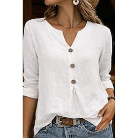 Femmes Chemise Chemises en coton et lin Chemise popover Chemise de Plage Couleur Unie Uni Vacances Mode Occasionnel manche longue Col ras du cou Hauts Régulier