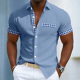 Men's Geometric Grid / Plaid Patterns Shirt Summer Shirt Button Up Shirt Short Sleeve Business Casual Daily Office Holiday Summer Spring Turndown 3D Print Fron