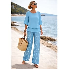 Women's Pants Sets Half Sleeve Butterfly Sleeve Round Neck Graphic Geometric Elegant Vacation Casual Daily Beach Blue Pink Purple Spring Summer Loose Fit